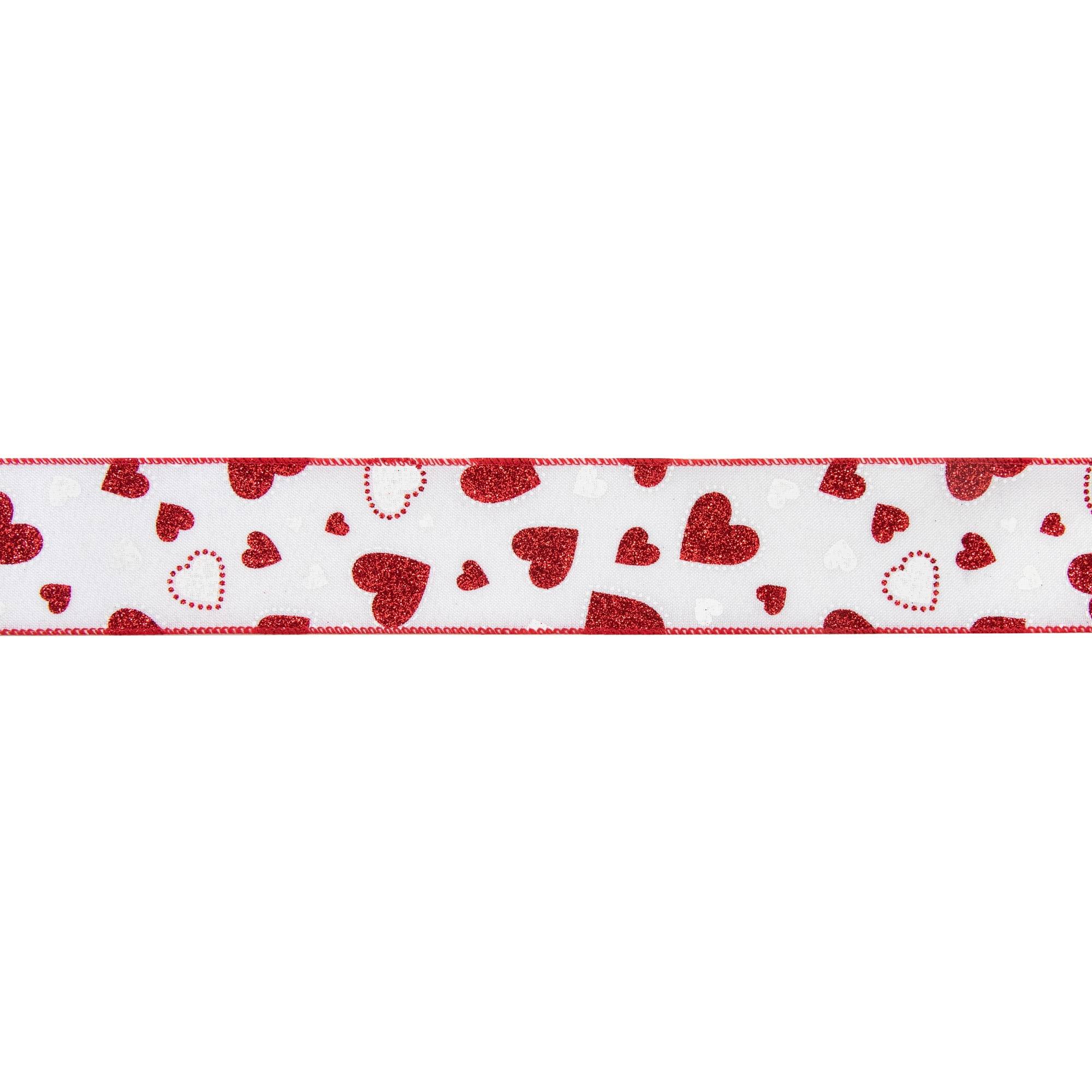Metallic Red Hearts on Ivory Linen Ribbon, 1-1/2x10 Yards