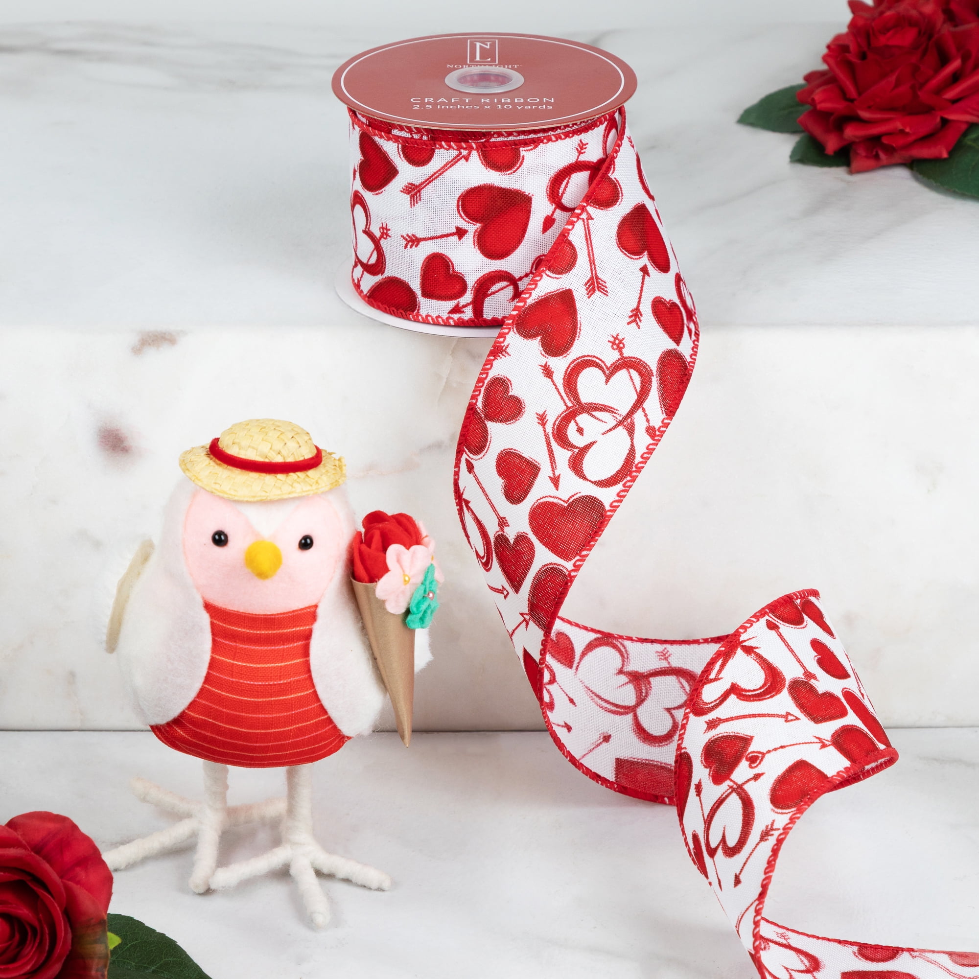 Northlight Hearts Valentine's Day Wired Craft Ribbon - 2.5" x 10 Yards - White and Red