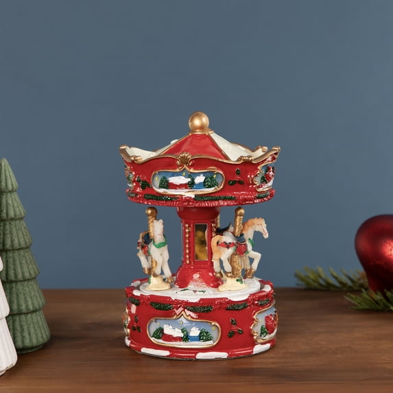 Northlight Winter Horses Animated Musical Christmas Carousel - 6.5" - Red and White