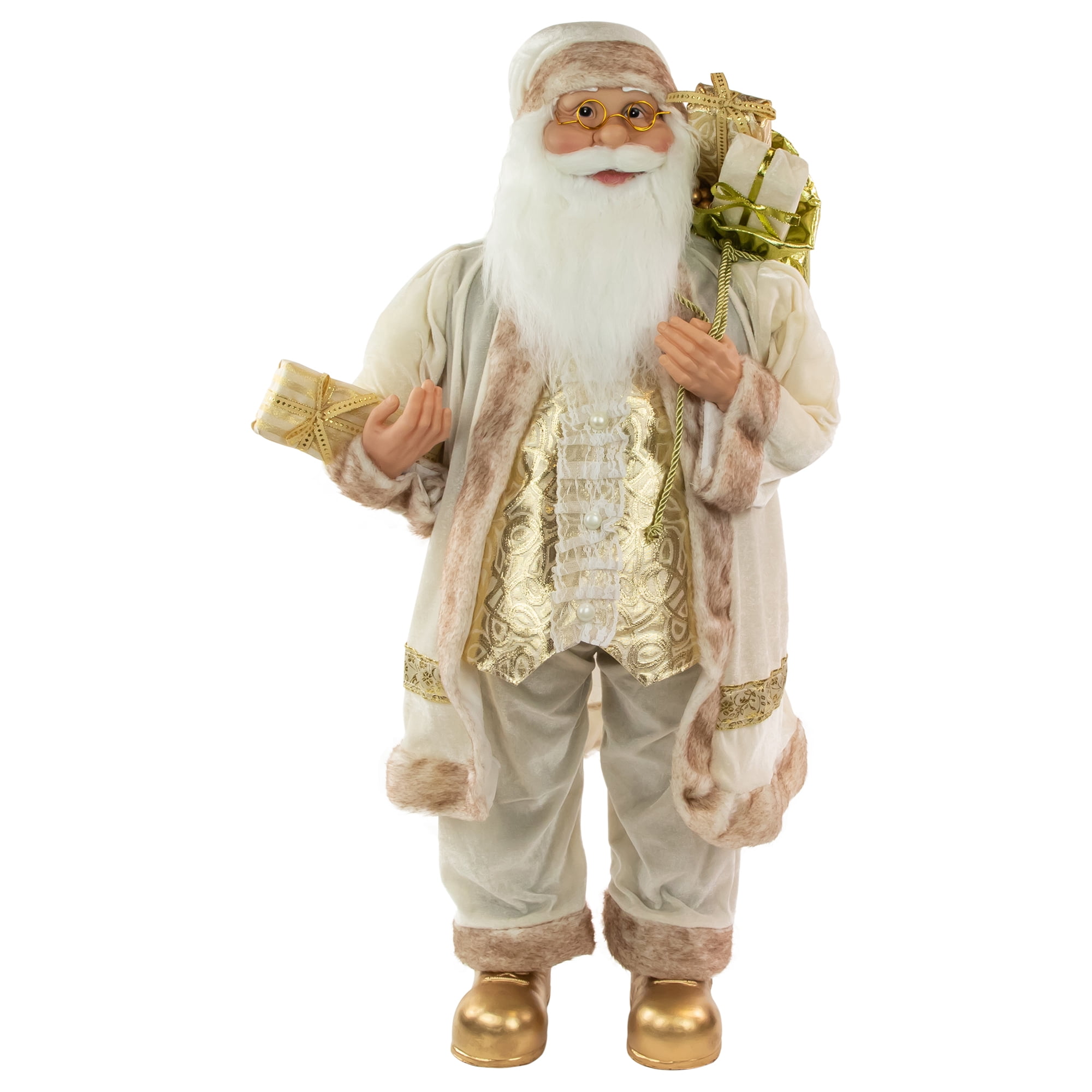 36" Winter White and Gold Santa Claus Christmas Figurine with Gift Bag