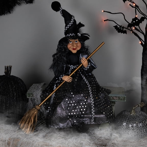 Northlight Witch with Broom Hanging Halloween Decoration - 18" - Black and Silver