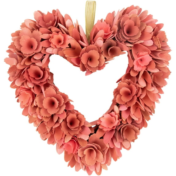 Northlight Wooden Floral Heart Valentine's Day Wreath - 14" - Salmon Pink