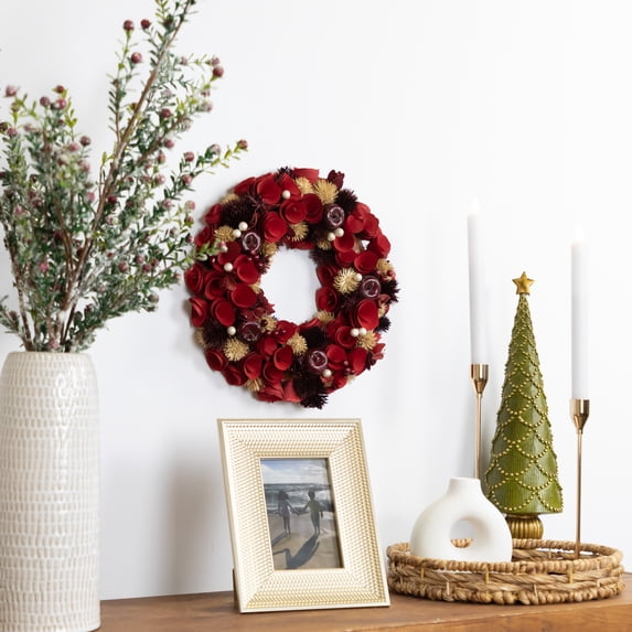 Northlight Wooden Roses, Apples and Pearls Artificial Valentine's Day Wreath - 12" - Red - Unlit