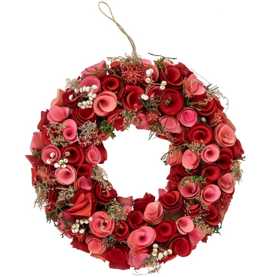 Northlight Artificial Valentine's Day Shaved Wood Roses Wreath - Pink and Red- 12.25" - Pink and Red