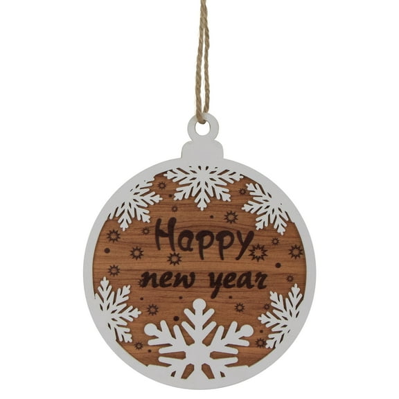Northlight 7" Rustic "Happy New Year" Snowflake Wooden Christmas Ornament Disc