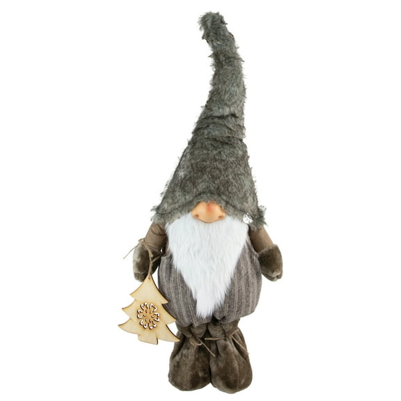 Woodland Gnome Holding a Wooden Tree Christmas Figurine - 33" - Brown and White