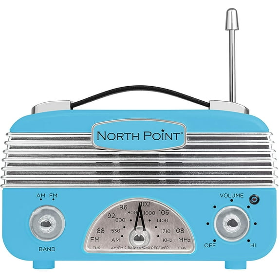 Northpoint AM/FM Portable Vintage Radio with Best Reception, Circa 1960's Design, 3 "AA" Battery Operated Radio, Tuning, Volume and On/Off Knob, Blue