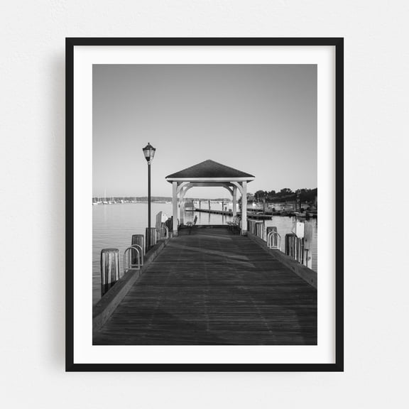 Northport Harbor B&W - Northport New York Photography Boardwalk Harbor Black and White Seaside Nautical Scenic Minimalist Black Framed Wall Art Print 6 x 8 inches