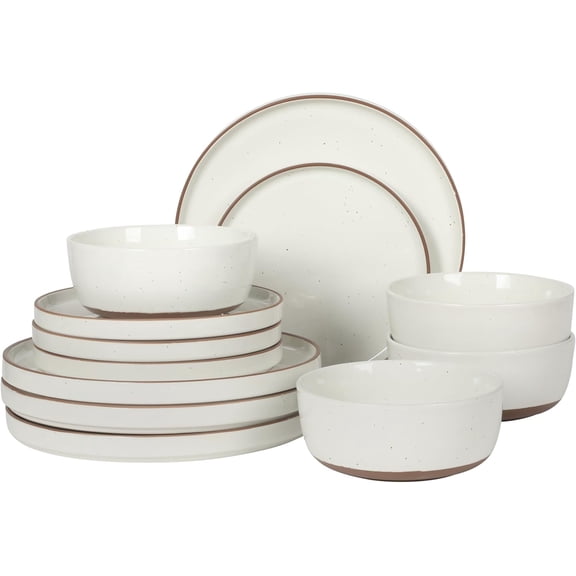Northrock Stoneware Dinnerware Set, 12-Piece Service for 4 Plates and Bowls Set – Dishes with Hand-Painted Terracotta Base