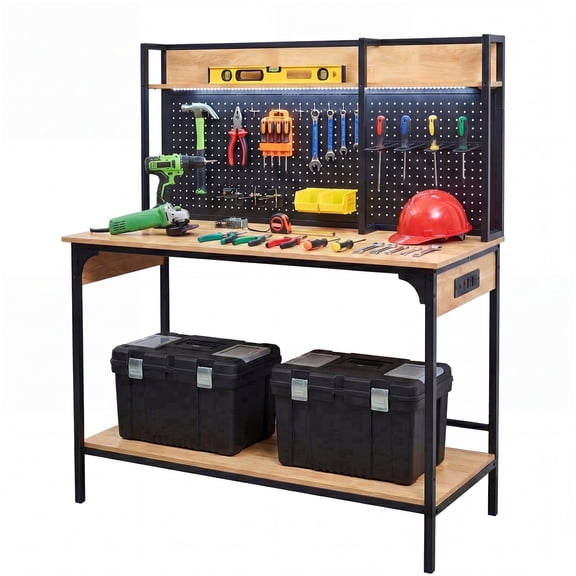 Northsky 48" Heavy-Duty Garage Workbench with LED Light & Power Outlet, 1200LB Capacity Tool Table with Pegboard, Storage Shelves, USB & Type-C Ports for Woodworking Shop, Garage, Home