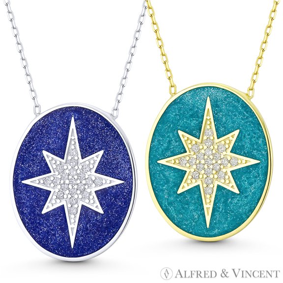 Northstar Celestial Charm CZ Crystal & Enamel Oval Pendant & Chain Necklace in .925 Sterling Silver