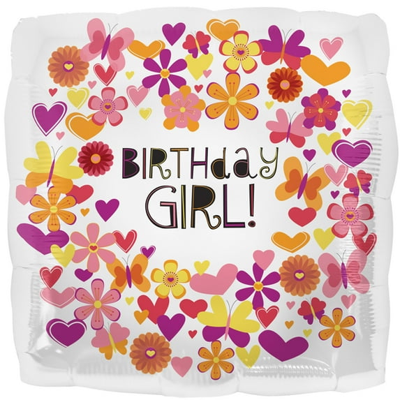 Northstar Happy Birthday Girl Floral 18" Foil Balloon, White Orange Pink