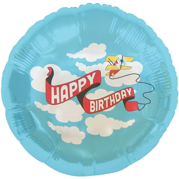 Northstar Happy Birthday Vintage Plane & Clouds 18" Foil Balloon, Blue White