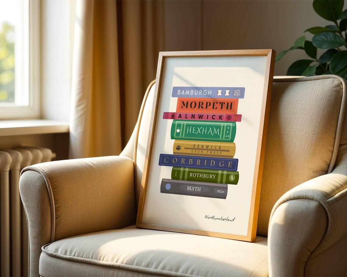 Northumberland Locations Book Stack Wall Art Print, Alnwick Bamburgh ...