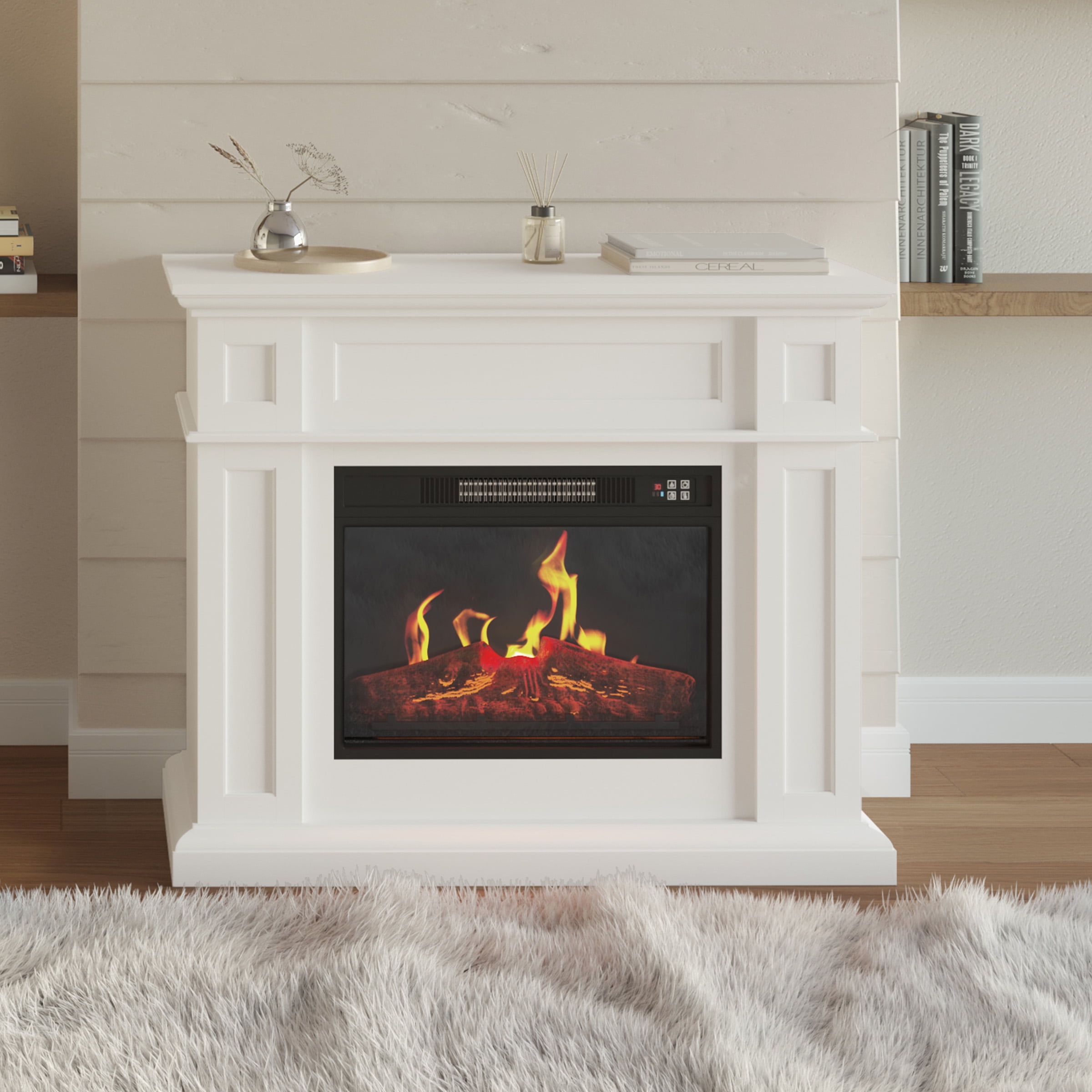 White Electric Fireplace with Mantel and Remote Control
