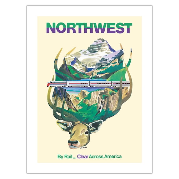 Northwest - By Rail Takes You Clear Across America - Vintage Railroad Travel Poster by David Klein c.1972 - Bamboo Fine Art 290gsm Paper (Unframed) 12x16in