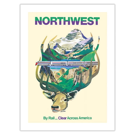 Northwest - By Rail Takes You Clear Across America - Vintage Railroad Travel Poster by David Klein c.1972 - Fine Art Matte Paper Print (Unframed) 24x32in