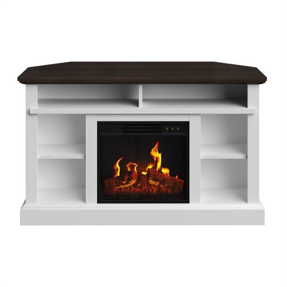 White Corner TV Stand with Electric Fireplace and Storage Cabinet
