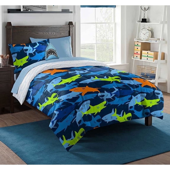 Northwest Kids Shark Adventure, Twin 6 Piece Bed in a Bag Set with Comforter, Sheets, Pillowcase, and Decorative Pillow