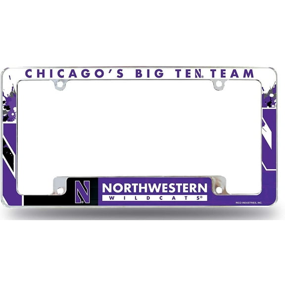 Northwestern University Wildcats Metal License Plate Frame Chrome Tag Cover, All Over Design, 6x12 Inch