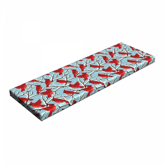Northwoods Bench Pad, Cardinal Birds Perching Snow Covered Tree Branches Winter, HR Foam Cushion with Decorative Fabric Cover, 45" x 15" x 2", Vermilion Pale Blue, by Ambesonne
