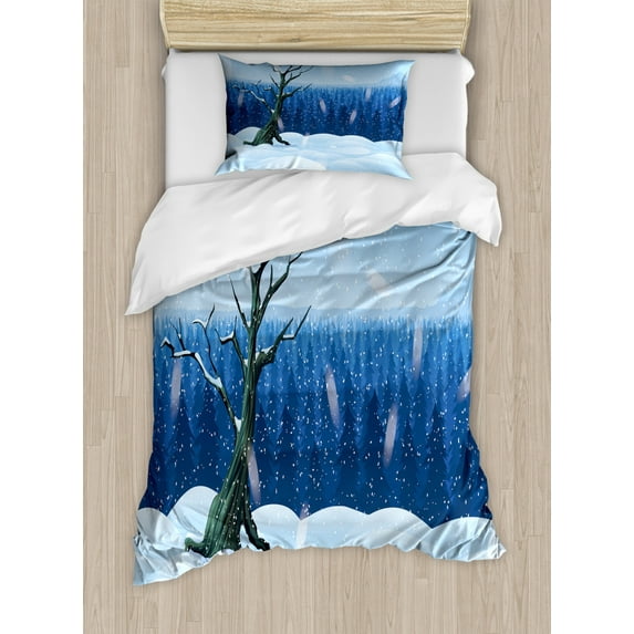 Northwoods Duvet Cover Set Twin Size, Cold Snowy Landscape with Deep Winter Forest Hillside Panorama, Decorative 2 Piece Bedding Set with 1 Pillow Sham, Blue Grey Teal Baby Blue, by Ambesonne