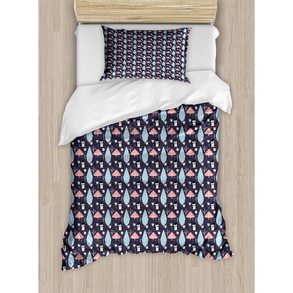 Northwoods Duvet Cover Set Twin Size, Stylized Coniferous Trees with Present Boxes and Penguins in Hats Xmas Season, Decorative 2 Piece Bedding Set with 1 Pillow Sham, Multicolor, by Ambesonne