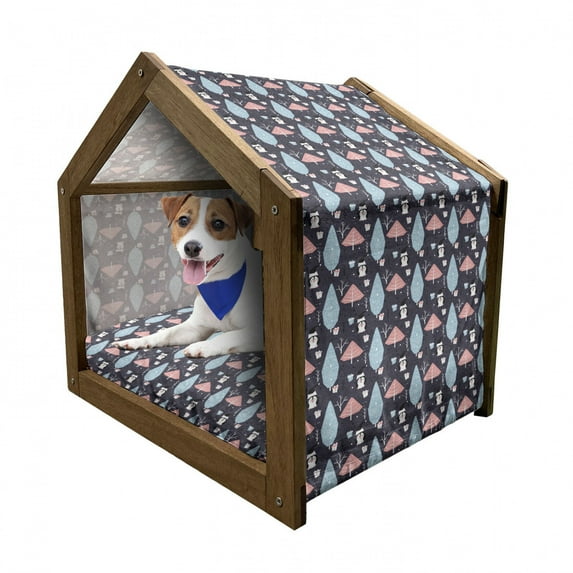 Northwoods Pet House, Coniferous Trees with Present Boxes and Penguins in Hats Xmas Season, Outdoor & Indoor Portable Dog Kennel with Pillow and Cover, 5 Sizes, Multicolor, by Ambesonne