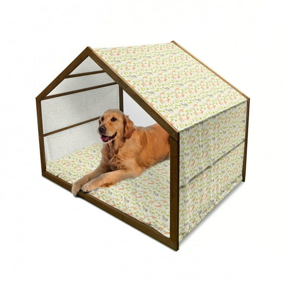 Northwoods Pet House, North American Forest Animals Pattern for Wolf Antelope Cougar and Bird, Outdoor & Indoor Portable Dog Kennel with Pillow and Cover, 5 Sizes, Multicolor, by Ambesonne