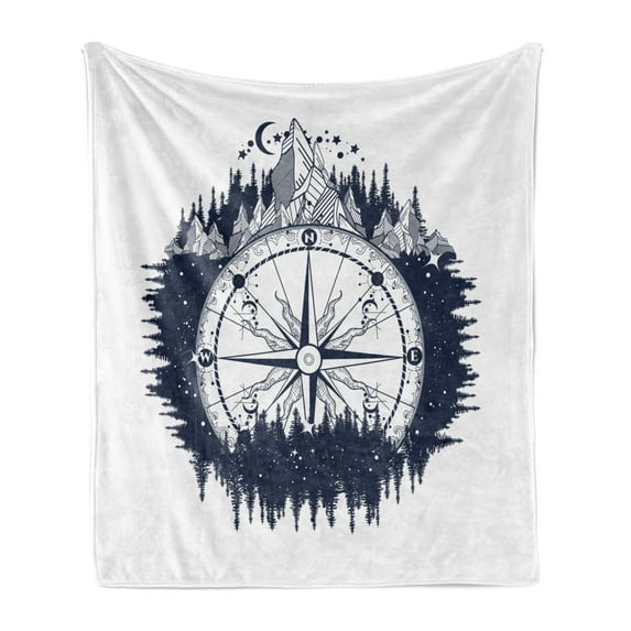 Northwoods Soft Flannel Fleece Blanket, Antique Compass in the Night Forest Tattoo Art in Boho Style Travel, Cozy Plush for Indoor and Outdoor Use, 70" x 90", Dark Blue and Coconut, by Ambesonne