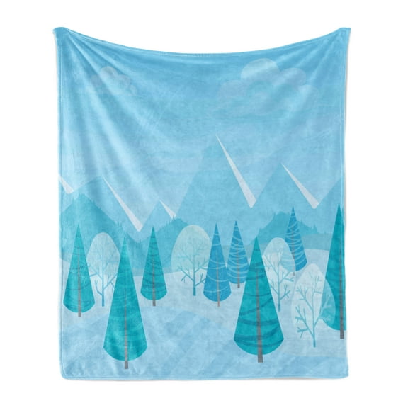 Northwoods Soft Flannel Fleece Blanket, Christmas Forest Woodland with Mountains Abstract Pine Trees Alps Hiking, Cozy Plush for Indoor and Outdoor Use, 60" x 80", Pale Blue and Teal, by Ambesonne