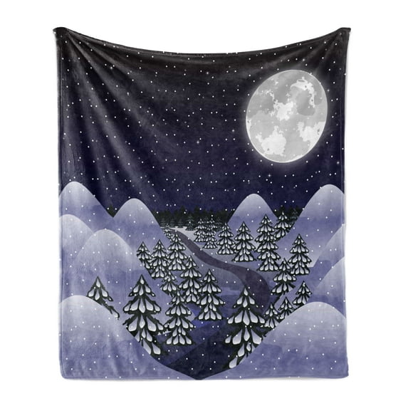 Northwoods Soft Flannel Fleece Blanket, Snowfall at Midnight Spruce Pine Trees Among the Hills Dark Forest, Cozy Plush for Indoor and Outdoor Use, 60" x 80", Indigo Lilac Pale Grey, by Ambesonne