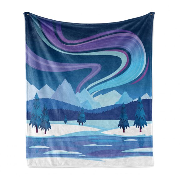 Northwoods Soft Flannel Fleece Throw Blanket, Aurora Borealis Composition Countryside Elements Frozen Lake Hills and Trees, Cozy Plush for Indoor and Outdoor Use, 50" x 60", Multicolor, by Ambesonne