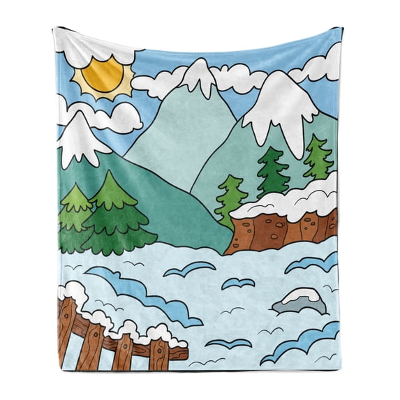 Northwoods Soft Flannel Fleece Throw Blanket, Cartoon Winter Mountains Landscape Cold Weather Illustration Christmas Season, Cozy Plush for Indoor and Outdoor Use, 50" x 60", Multicolor, by Ambesonne
