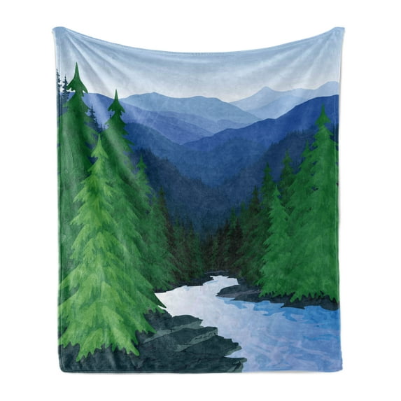 Northwoods Soft Flannel Fleece Throw Blanket, Evening in the Mountains Oak Forest with River Wilderness, Cozy Plush for Indoor and Outdoor Use, 50" x 70", Fern Green Dark Teal, by Ambesonne