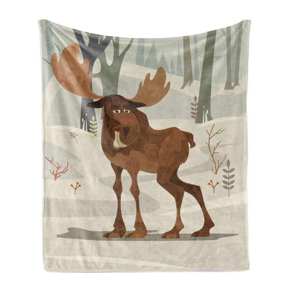 Northwoods Soft Flannel Fleece Throw Blanket, Happy Smiling Elk Mascot Character Walking in the Forest Cartoon Illustration, Cozy Plush for Indoor and Outdoor Use, 70" x 90", Multicolor, by Ambesonne