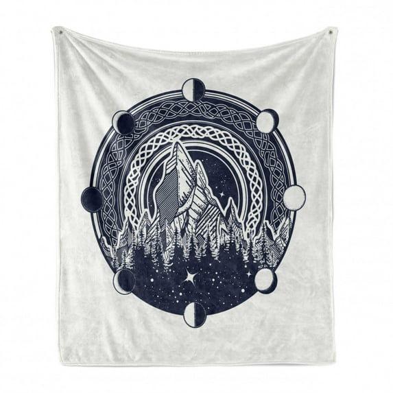 Northwoods Soft Flannel Fleece Throw Blanket, Mountains Celtic Style Outdoors of Adventure and Camping, Cozy Plush for Indoor and Outdoor Use, 50" x 70", Dark Blue and White, by Ambesonne