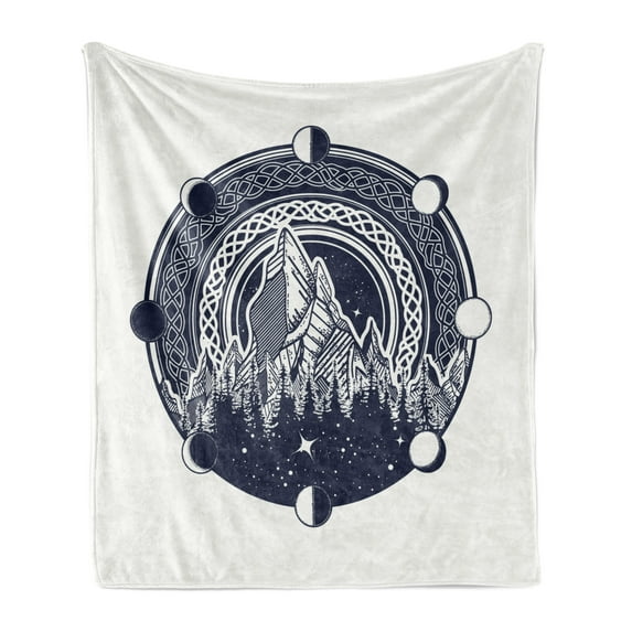 Northwoods Soft Flannel Fleece Throw Blanket, Mountains Celtic Style Outdoors of Adventure and Camping, Cozy Plush for Indoor and Outdoor Use, 70" x 90", Dark Blue and White, by Ambesonne