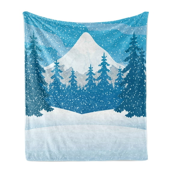 Northwoods Soft Flannel Fleece Throw Blanket, Mountains and Forest in the Winter Northern Landscape Illustration, Cozy Plush for Indoor and Outdoor Use, 50" x 70", Blue Night Blue White, by Ambesonne