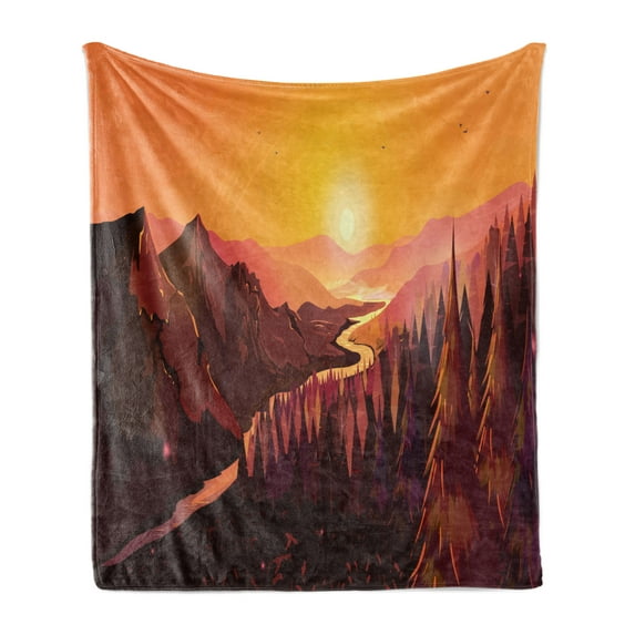 Northwoods Soft Flannel Fleece Throw Blanket, Sunrise in Mountains with River and Forest Idyllic Morning, Cozy Plush for Indoor and Outdoor Use, 70" x 90", Burgundy Burnt Sienna, by Ambesonne