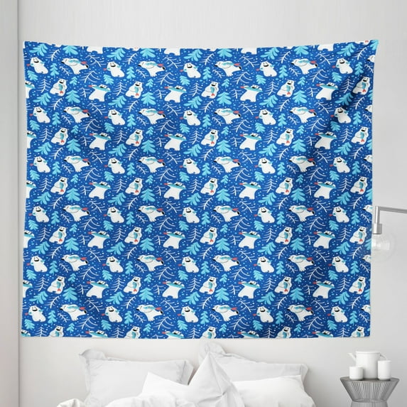 Northwoods Tapestry, Polar Bear with a Fish and Arctic Coniferous Forest on Blue Backdrop, Fabric Wall Hanging Decor for Bedroom Living Room Dorm, 5 Sizes, Coral Blue Sky Blue, by Ambesonne