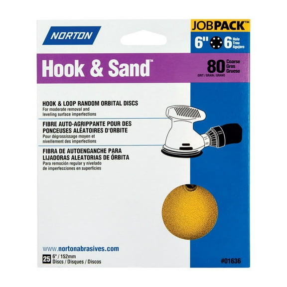 Norton 01636 6-Hole Hook & Loop Sanding Disc, 6", 80 Grit, 25-Count