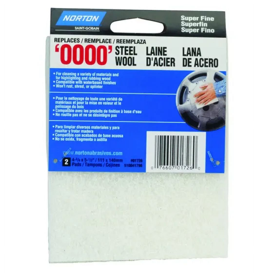 Norton 01726 Steel Wool, 43/8 Inch 51/2 Inch By 0000 Grit, Super