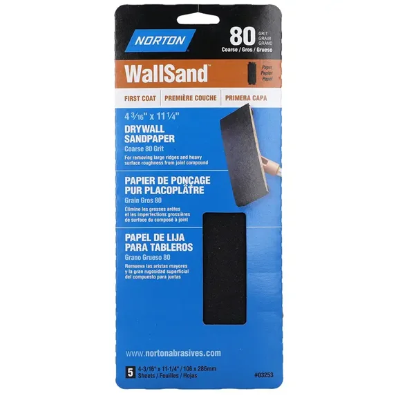 4-3/16" x 11-1/4" Norton 01887 WallSand Die-Cut Drywall Sanding Sheets 80D-Grit Handy-Pack