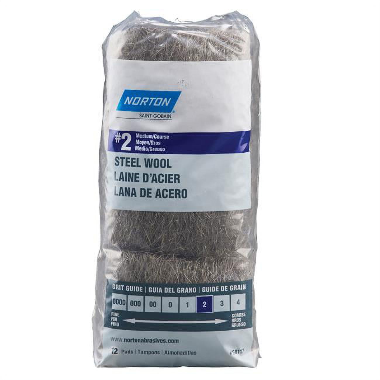 Norton 1003801 2 Grade Medium & Coarse Steel Wool Pad Pack of 12