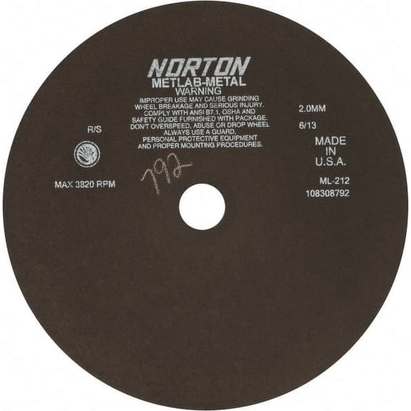 Norton 12" Aluminum Oxide Cutoff Wheel 0.078" Thick, 1-1/4" Arbor, 3,820 Max RPM, Use with Stationary Tools