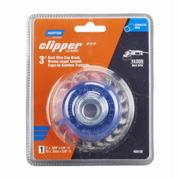 Norton 2027344 3 in. Clipper Knot Wire Cup Brush - Stainless Steel 14000 rpm