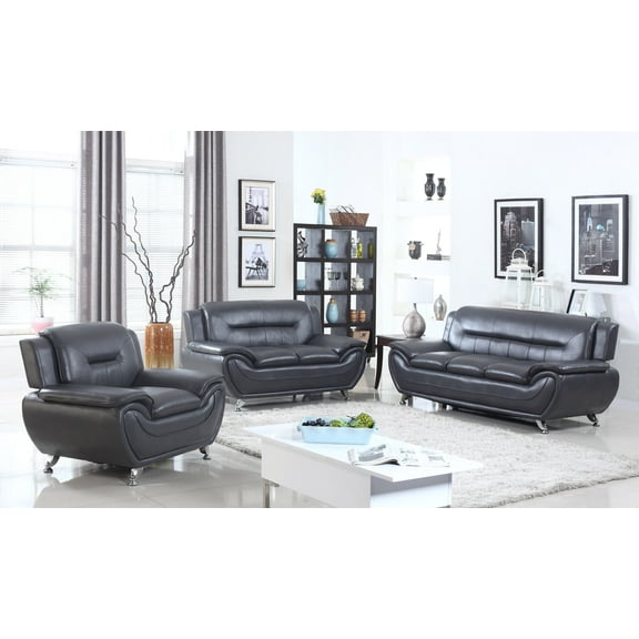 Norton 3 pc Black Faux Leather Modern Living Room Sofa set
