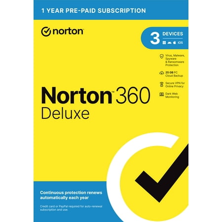 Norton 360 Deluxe, Antivirus Software for 3 Devices, 1 Year Subscription, PC/Mac/iOS/Android [Card]