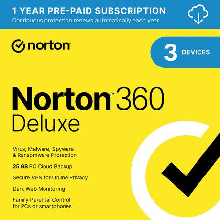 Norton 360 Deluxe, Antivirus Software for 3 Devices, 1 Year Subscription, PC/Mac/iOS/Android [Digital Download]